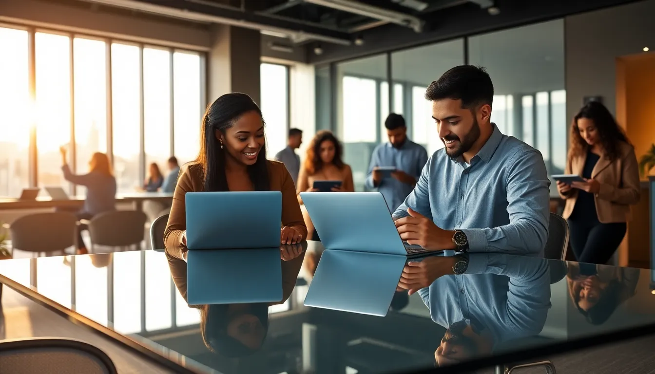 diverse professionals collaborating with AI technology in a modern office.