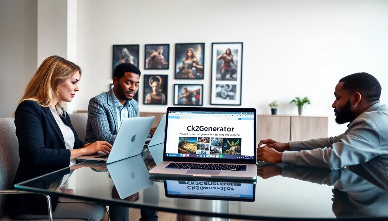 diverse team collaborating on CK2 character generation at a modern office.