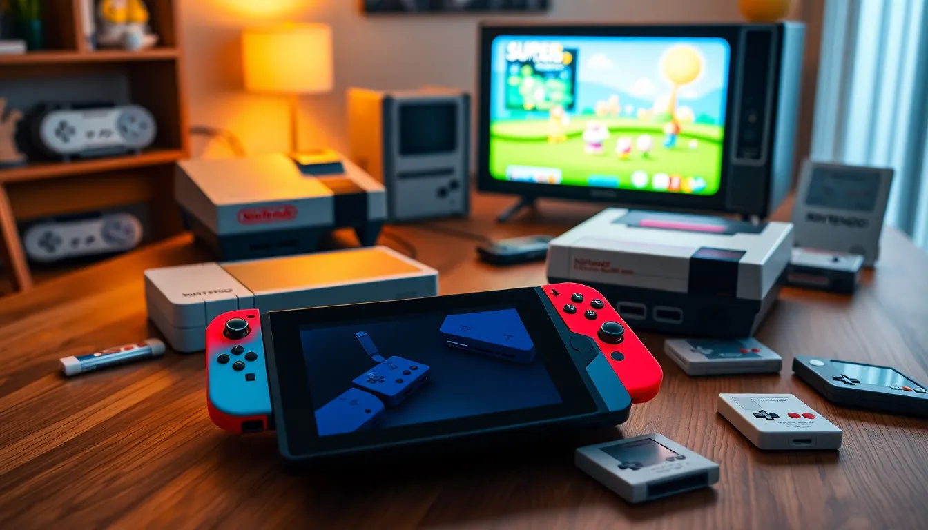 a collection of iconic Nintendo gadgets on a wooden table.
