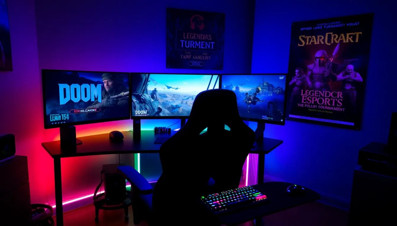 a modern gaming setup with multiple monitors showcasing classic video games.