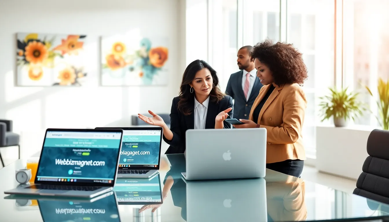 Diverse team collaborating in a modern office on digital marketing software.