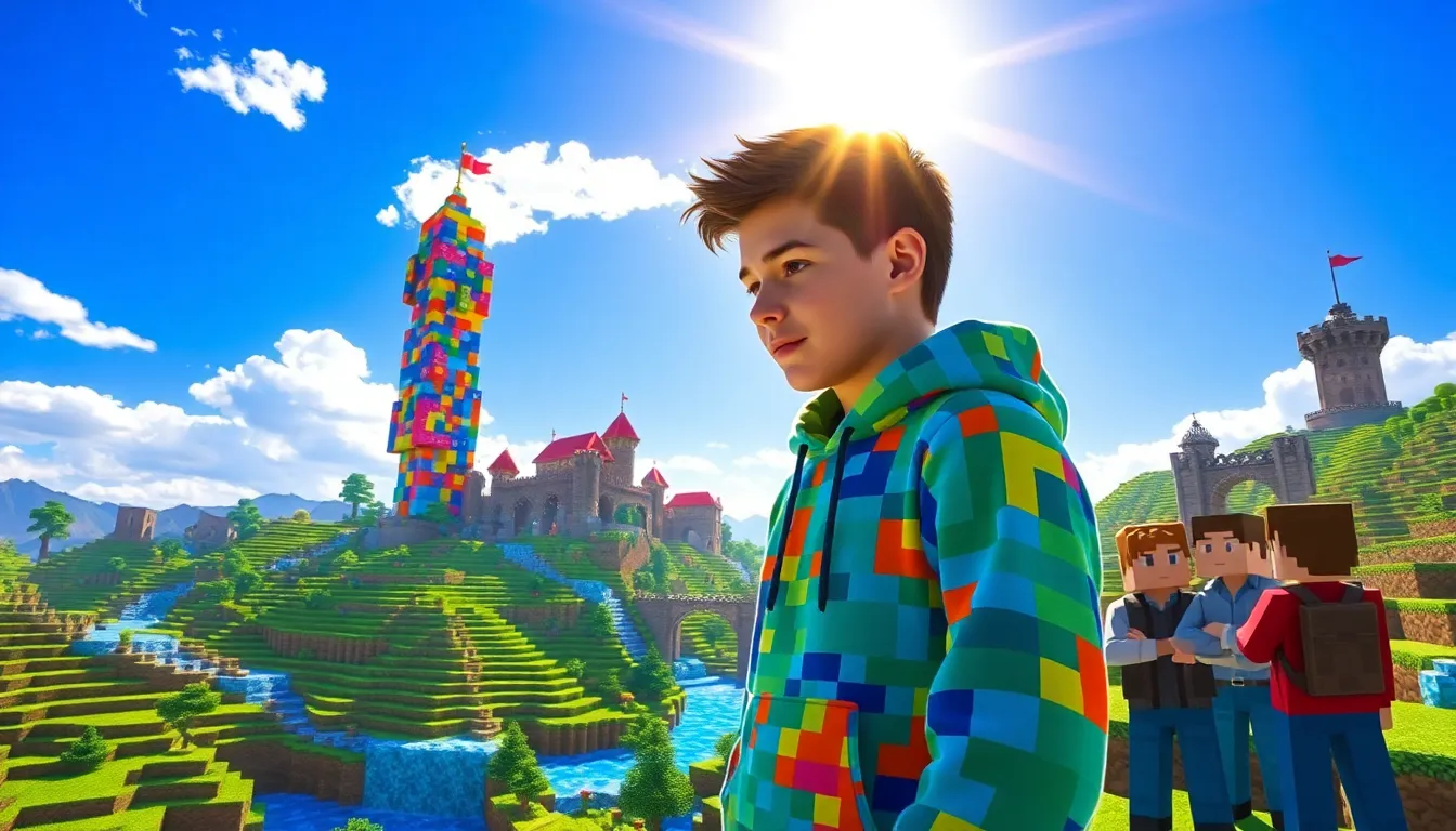 a teenage boy creating an ImagineerGame in a colorful Minecraft world.