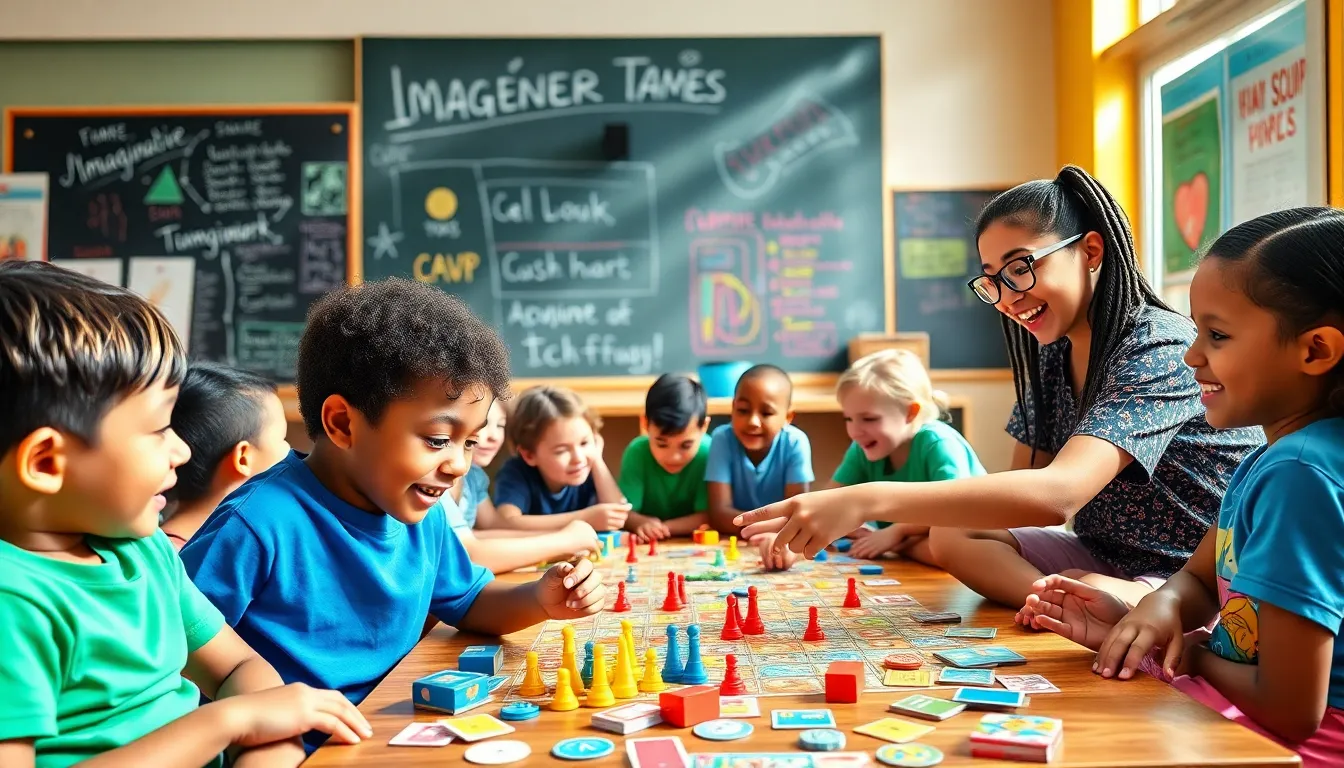 children engaged in a collaborative game session in a colorful classroom.