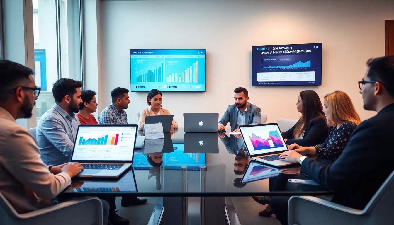 diverse team discussing digital trends in a modern office.