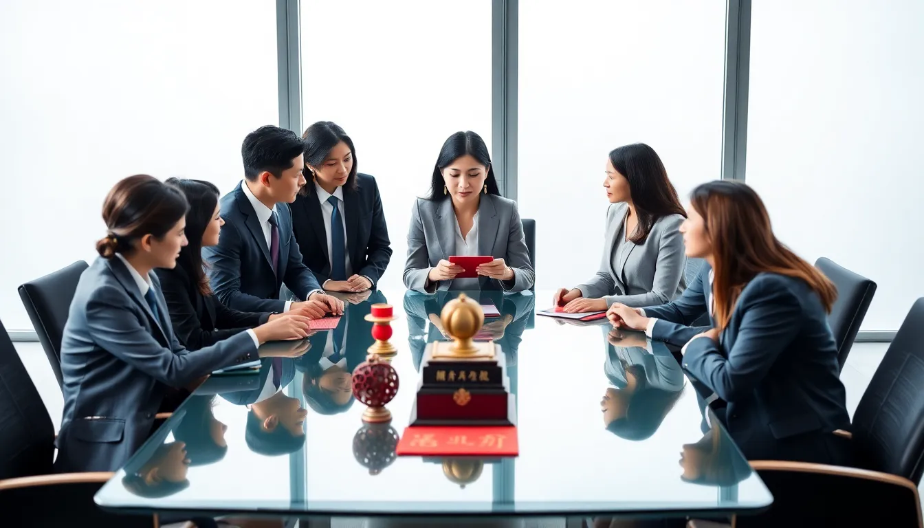 business team discussing Chinese luck strategies in a modern office.
