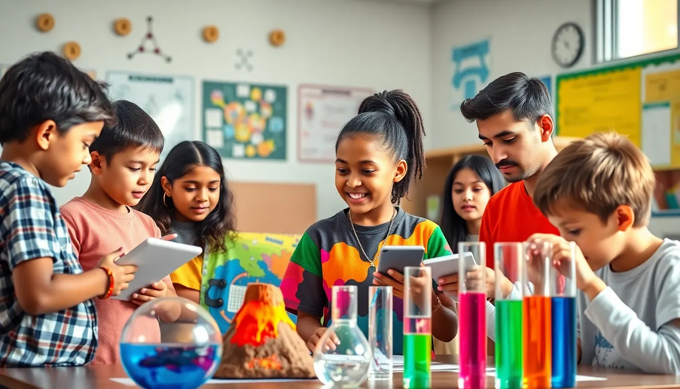 diverse students engaged in a science project in a vibrant classroom.