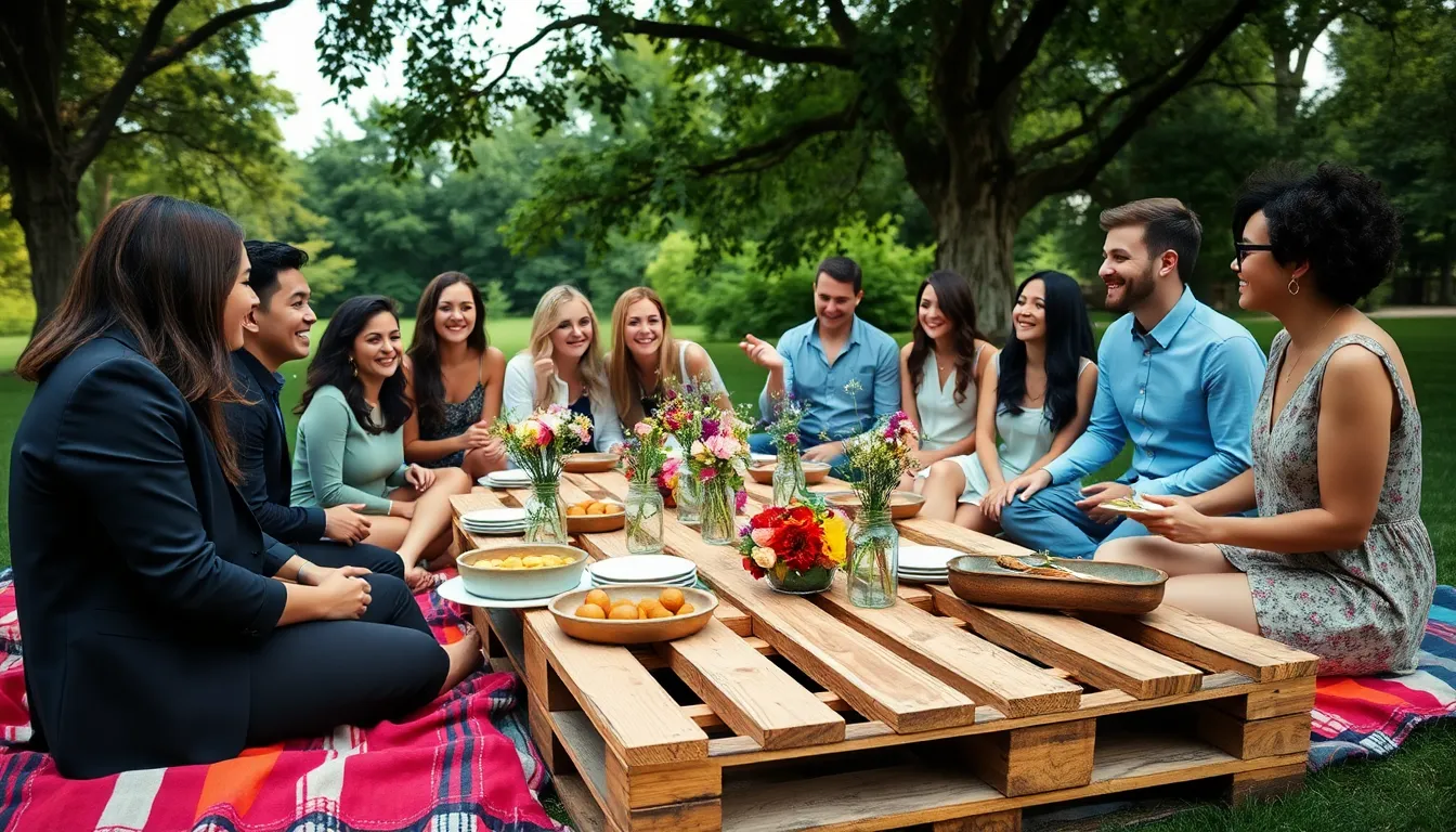 diverse group enjoying a creative outdoor thrifty event.