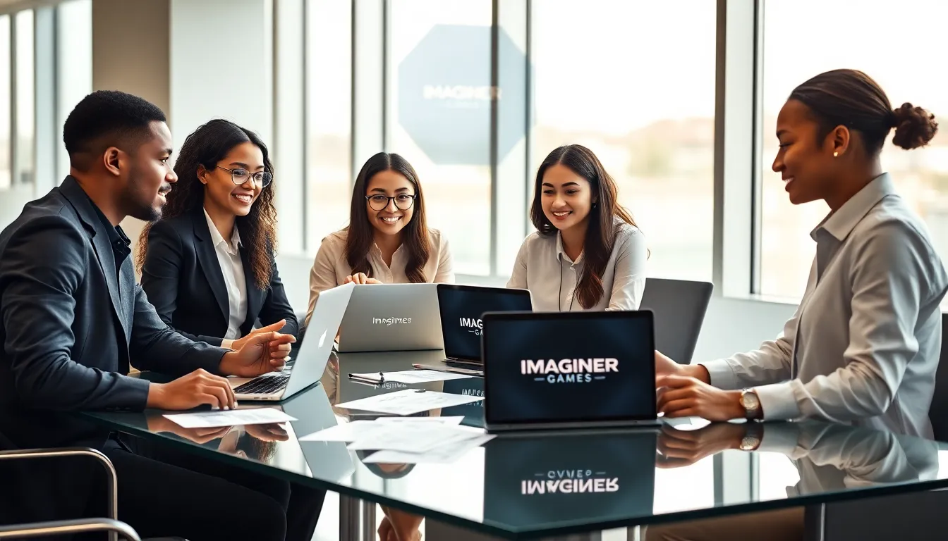 diverse professionals collaborating on gaming concepts in a modern office.
