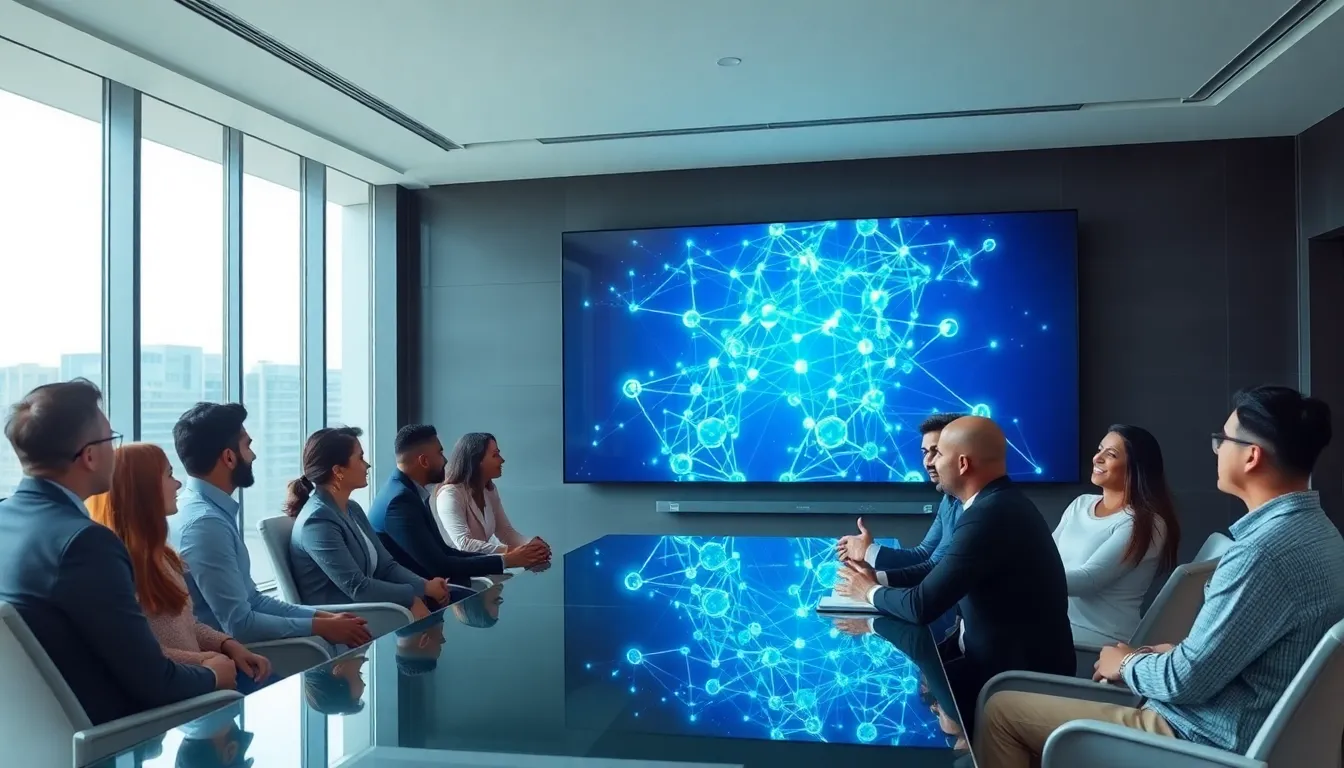 diverse team discussing blockchain technology in a modern conference room.