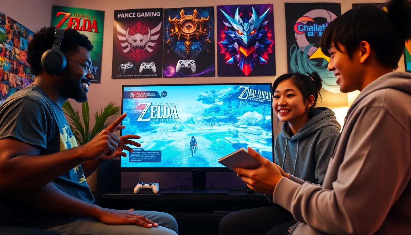 a diverse group of gamers discussing strategies around a large gaming screen.