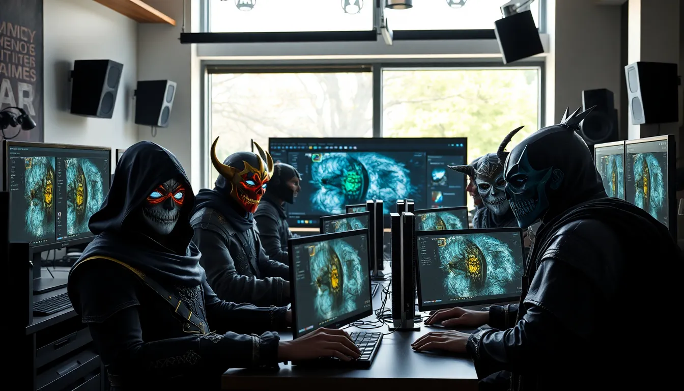 diverse gamers customizing Skyrim face masks in a modern studio.