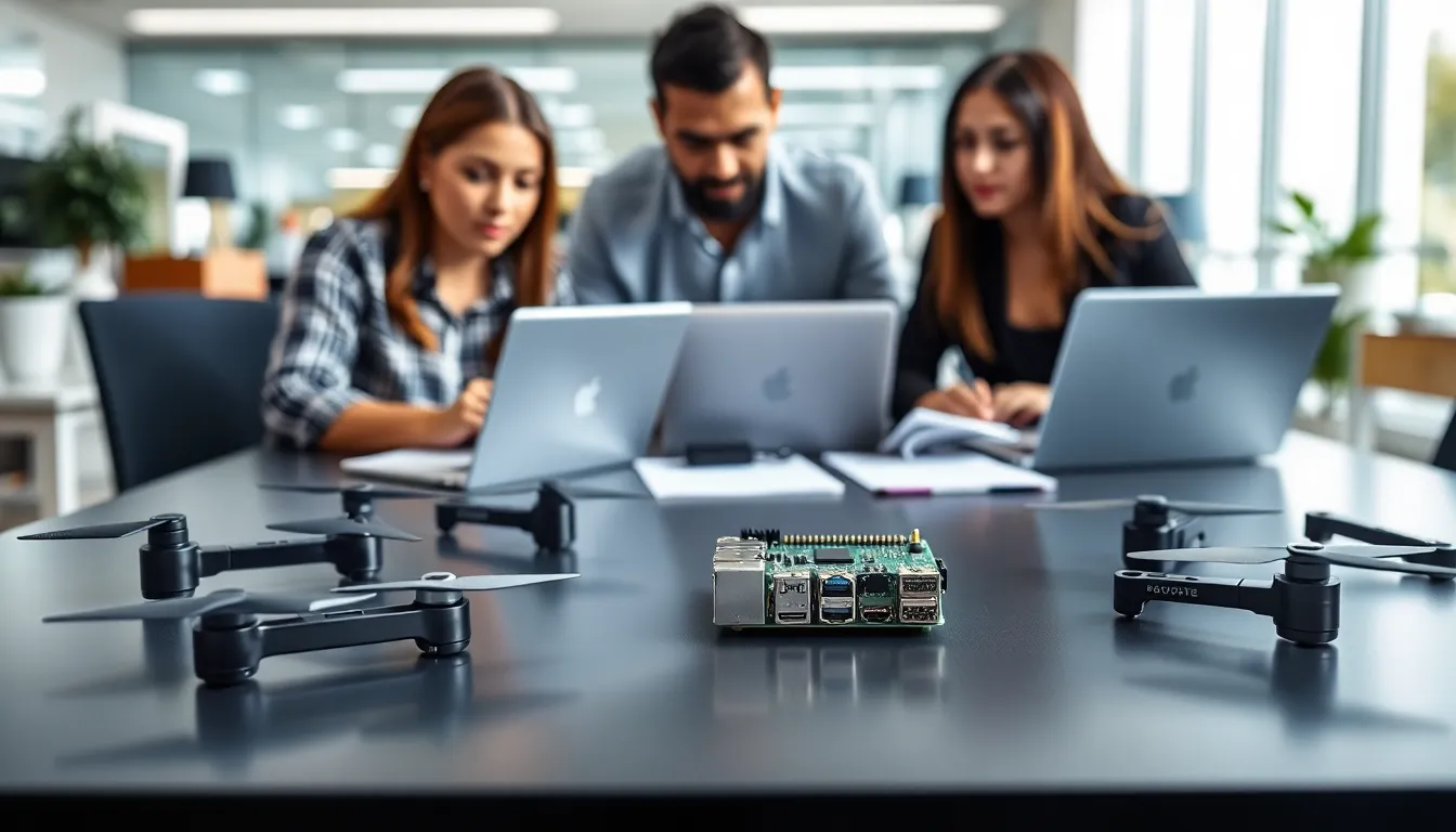 Diverse team discussing drone technology with a Raspberry Pi Zero.